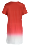 Red Casual Gradual Change Patchwork O Neck Short Sleeve Two Pieces