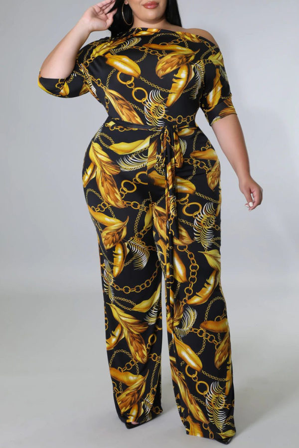 Black Gold Fashion Casual Print Basic Oblique Collar Plus Size Jumpsuits