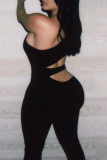 Black Sexy Solid Hollowed Out One Shoulder Skinny Jumpsuits
