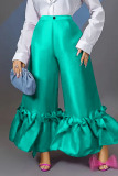 Turquoise Fashion Casual Patchwork Flounce Straight High Waist Wide Leg Solid Color Bottoms