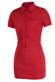 Red Sexy Solid Split Joint Buckle Turndown Collar Short Sleeve Two Pieces