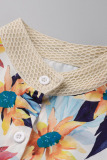 Khaki Fashion Casual Print Split Joint Buckle Flounce Fold Stringy Selvedge Mandarin Collar Dresses