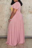 Pink Casual Print Split Joint V Neck Straight Plus Size Dresses