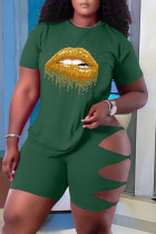 Green Fashion Casual Lips Printed Ripped Hollowed Out O Neck Plus Size Two Pieces