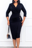Black Fashion Casual Solid Patchwork Turndown Collar Pencil Skirt Dresses