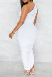 White Casual Solid Split Joint Fold Asymmetrical Oblique Collar Dresses