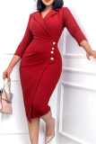 Red Fashion Casual Solid Patchwork Turndown Collar Pencil Skirt Dresses