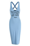 Light Blue Sexy Casual Letter Print Basic U Neck Vest Dress Dresses