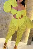 Yellow Sexy Solid Patchwork See-through Off the Shoulder Long Sleeve Two Pieces