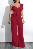 White Solid Flounce V Neck Boot Cut Jumpsuits