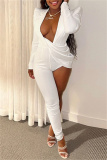 White Fashion Sexy Solid Patchwork Asymmetrical V Neck Skinny Jumpsuits
