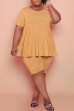 Yellow Fashion Casual Solid Patchwork O Neck Plus Size Two Pieces
