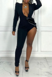 Black Fashion Sexy Solid Patchwork Asymmetrical V Neck Skinny Jumpsuits
