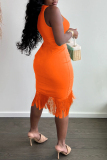 Tangerine Sexy Solid Tassel Split Joint Asymmetrical O Neck Sleeveless Two Pieces