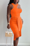 Tangerine Sexy Solid Tassel Split Joint Asymmetrical O Neck Sleeveless Two Pieces