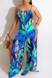 Red Sexy Print Hollowed Out Patchwork Spaghetti Strap Straight Jumpsuits
