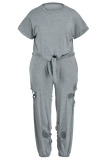 Grey Casual Solid Bandage Hollowed Out Patchwork O Neck Plus Size Two Pieces