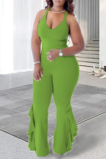 Green Casual Solid Patchwork Flounce V Neck Plus Size Jumpsuits