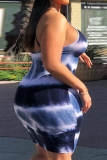 Blue Fashion Sexy Plus Size Print Tie Dye Backless Spaghetti Strap Sleeveless Dress