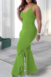 Green Casual Solid Patchwork Flounce V Neck Plus Size Jumpsuits