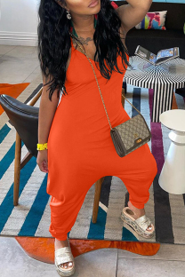 Orange Fashion Casual Solid Backless Spaghetti Strap Regular Jumpsuits