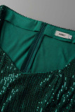 Green Celebrities Solid Tassel Sequins Patchwork Asymmetrical V Neck One Step Skirt Dresses