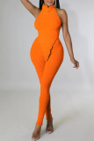 Tangerine Sexy Solid Patchwork Backless Asymmetrical Turtleneck Sleeveless Two Pieces