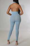 Light Blue Sexy Solid Patchwork Backless Asymmetrical Turtleneck Sleeveless Two Pieces