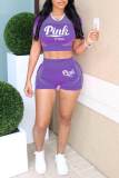 Purple Casual Sportswear Print Patchwork O Neck Short Sleeve Two Pieces