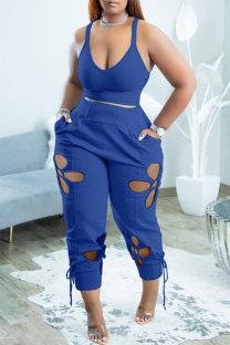 Blue Sexy Casual Solid Hollowed Out Pants Spaghetti Strap Sleeveless Two Pieces