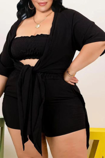 Black Sexy Solid Patchwork Strapless Plus Size Three Pieces