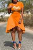 Orange Fashion Print Patchwork O Neck Irregular Dress Dresses