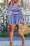 Blue Casual Striped Print Patchwork Asymmetrical Collar Plus Size Two Pieces