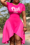Pink Fashion Print Patchwork O Neck Irregular Dress Dresses
