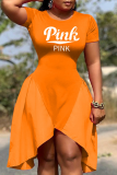 Pink Fashion Print Patchwork O Neck Irregular Dress Dresses