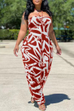 Red Fashion Sexy Casual Print Backless Strapless Regular Jumpsuits