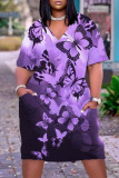 Purple Fashion Casual Print Basic V Neck Short Sleeve Dress