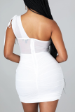 White Sexy Solid Mesh One Shoulder Pencil Skirt Dresses