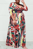 Red Green Casual Print Bandage Patchwork V Neck Plus Size Dresses