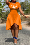 Orange Fashion Print Patchwork O Neck Irregular Dress Dresses