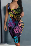 Black Purple Fashion Casual Butterfly Print Basic U Neck Vest Dress