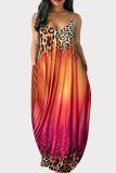 Red Orange Fashion Casual Plus Size Gradual Change Leopard Print Backless Spaghetti Strap Long Dress
