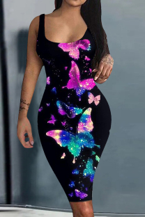 Black Pink Fashion Casual Butterfly Print Basic U Neck Vest Dress