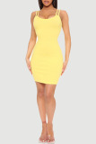 Yellow Sexy Solid Patchwork Spaghetti Strap One Step Skirt Dresses