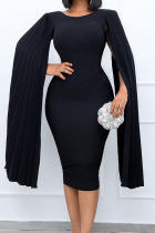 Black Elegant Solid Patchwork Fold Asymmetrical O Neck One Step Skirt Dresses