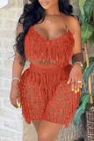Rose Red Sexy Solid Tassel Bandage Hollowed Out Backless Spaghetti Strap Sleeveless Two Pieces