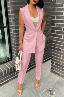 Pink Casual Solid Patchwork Turn-back Collar Sleeveless Two Pieces