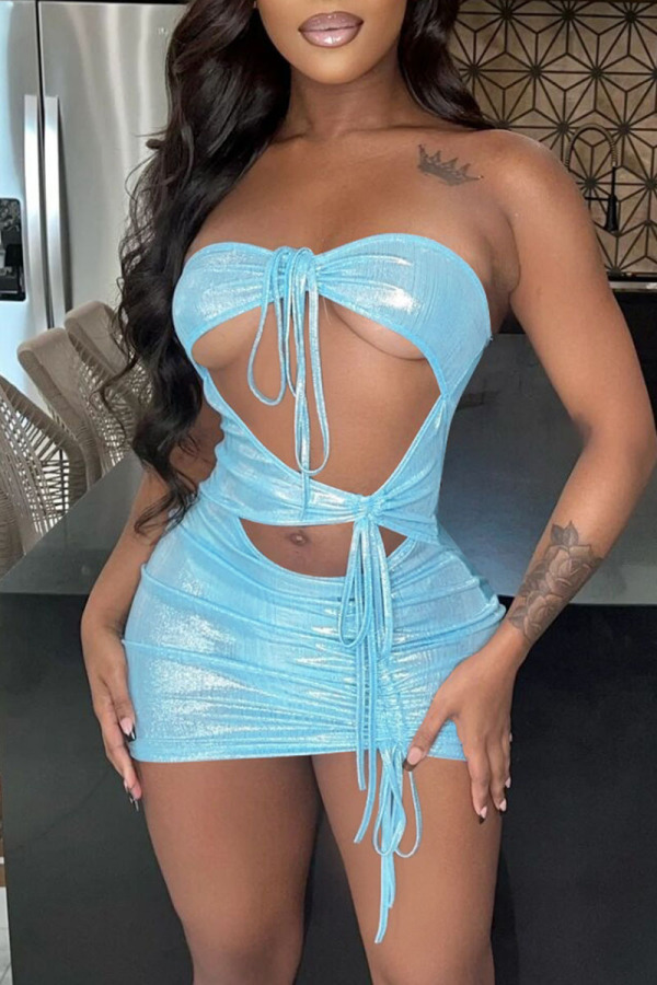 Lake Blue Sexy Solid Bandage Backless Strapless One Step Skirt Dresses