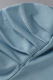 Blue Fashion Casual Solid Patchwork Mesh Turndown Collar Shirt Dress