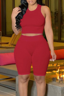 Red Casual Solid Patchwork O Neck Sleeveless Two Pieces